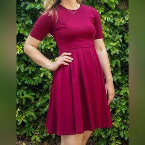Modest mid length scarlet red dress with sleeves